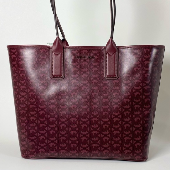 MICHAEL KORS Jodie Large Logo Jacquard Tote Carryall Handbag MK print Bag Merlot - Picture 3 of 13